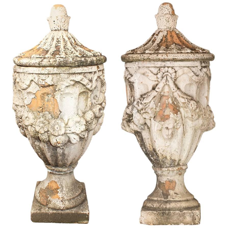 Pair of Natural French Terracotta Urns with Lids