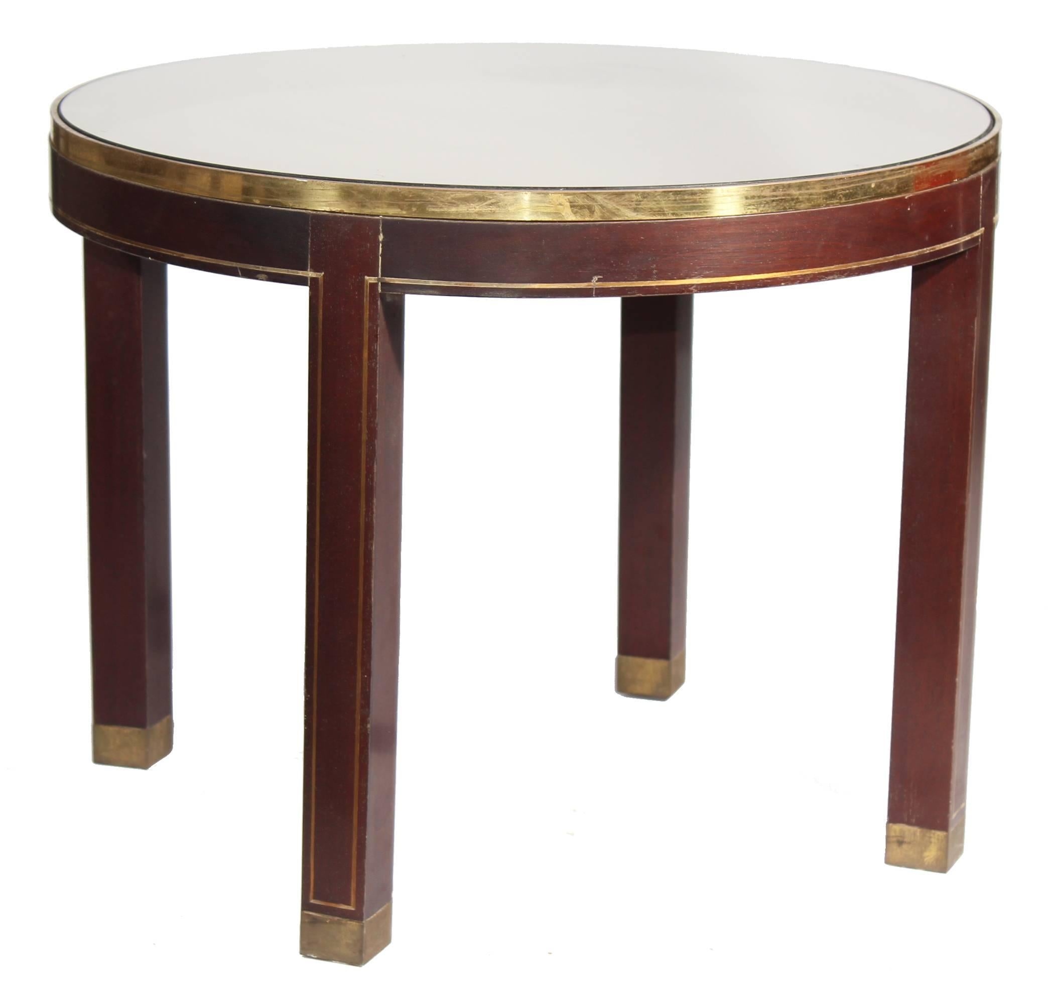 Inlay Spanish, 1970s, Pair of Round Mahogany Wood and Brass Side Tables For Sale