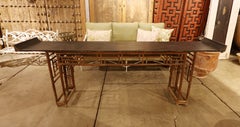 19th Antique Chinese Elm Console Table with Carved Lattice & a Single-piece Top
