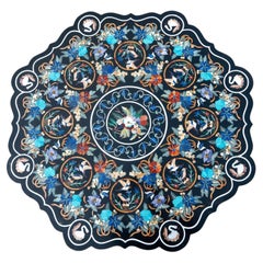 Circular Black Marble Tabletop with Italian Floral Pietra Dura Inlay.