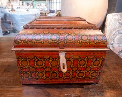 1980s Polychrome Wooden Oriental Chest with Hand-painted Floral Decoration
