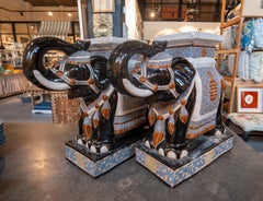 1980s Pair of Glazed Ceramic Elephant Pedestals in an Oriental Style