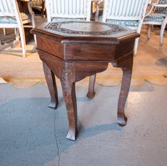 Carved Wooden Octagonal Side Table with Inlay