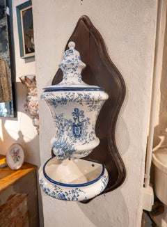 1970s Blue and White Ceramic Wall Fountain with a Wooden Mount