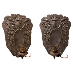 1850s Pair of Embossed Metal Candle Sconces Featuring Crowned Coats of Arms.