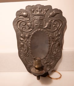 1850s Pair of Embossed Metal Candle Sconces Featuring Crowned Coats of Arms.