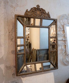 1950s Gold Wall Mirror with a Baroque Crest and Geometric Panels.