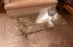 1970s Gilt-bronze Coffee Table with Leaves and Branches and a Glass Top.