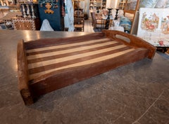 Rectangular Two-tone Wooden Tray with a Striped Design and Side Handles