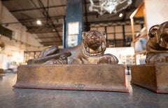 1970s Pair of Reclining Lion Sculptures in Patinated Metal on Rectangular Bases