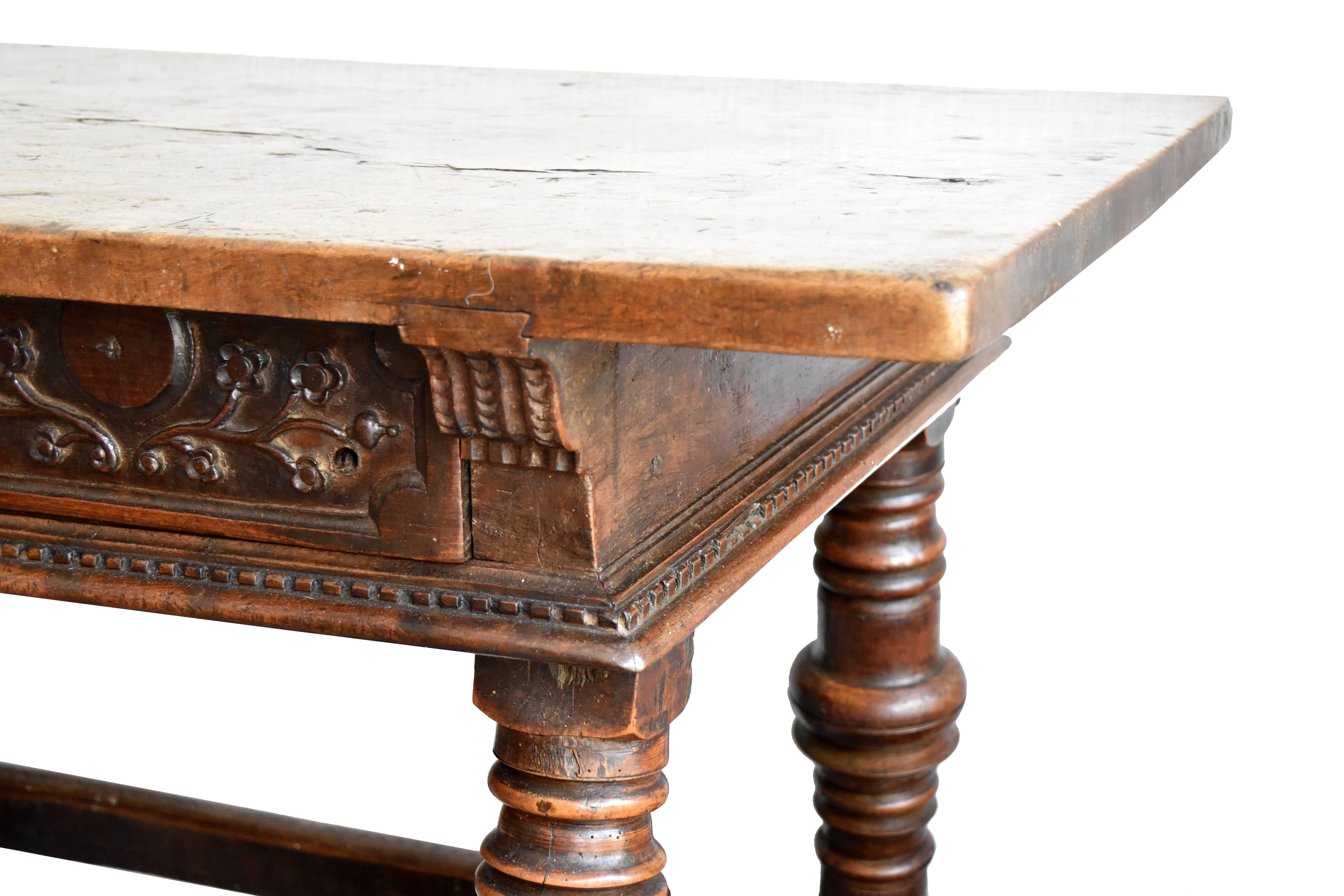 Hand-Crafted 17th Century North Spanish Three-Drawer Walnut Table
