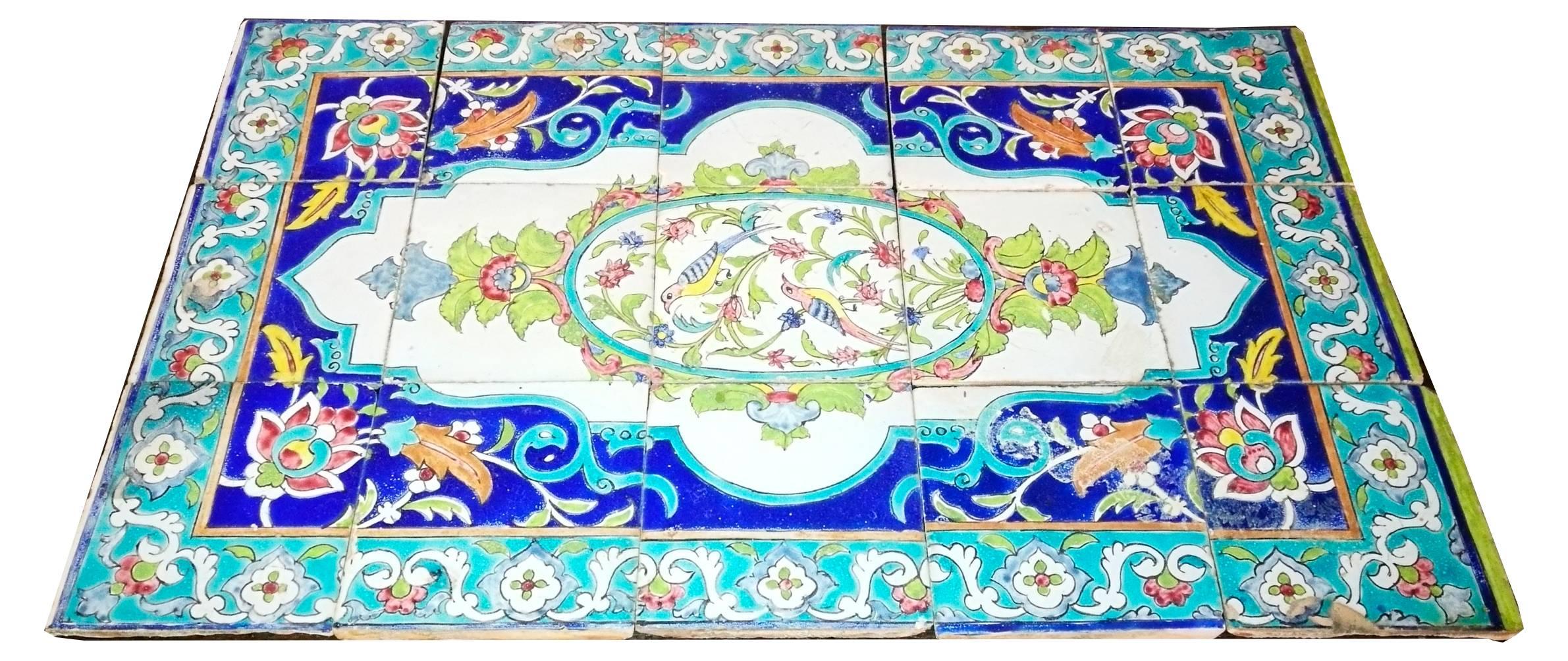 The panel is composed of a total of 15, measure 15 x 15 cm ceramic tiles. Iznik pottery dates back to the late 15th century and was highly prized by Ottoman sultans, admired for their clean white base and unique technique. Today they are used as