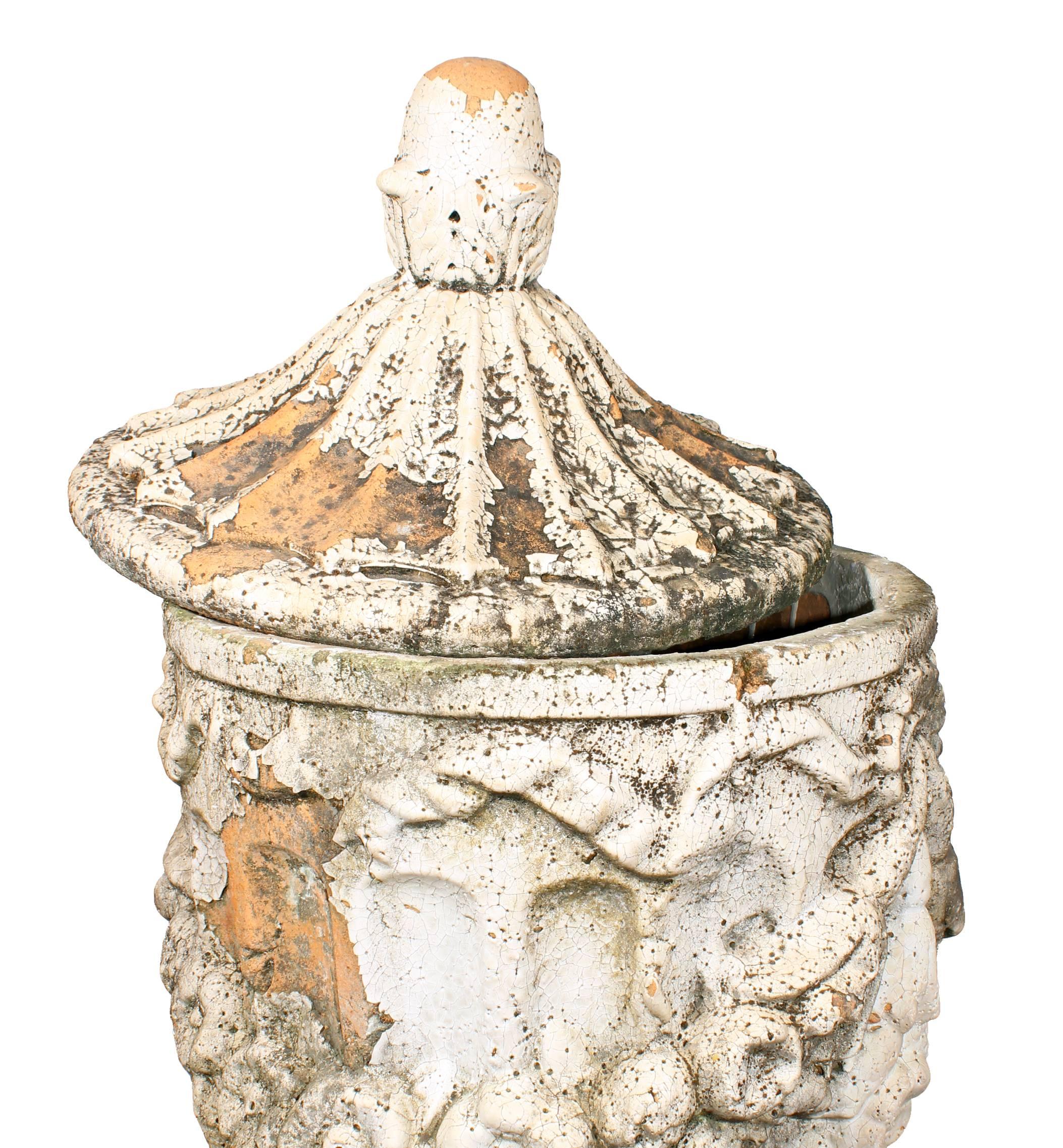 Baroque Pair of Natural French Terracotta Urns with Lids