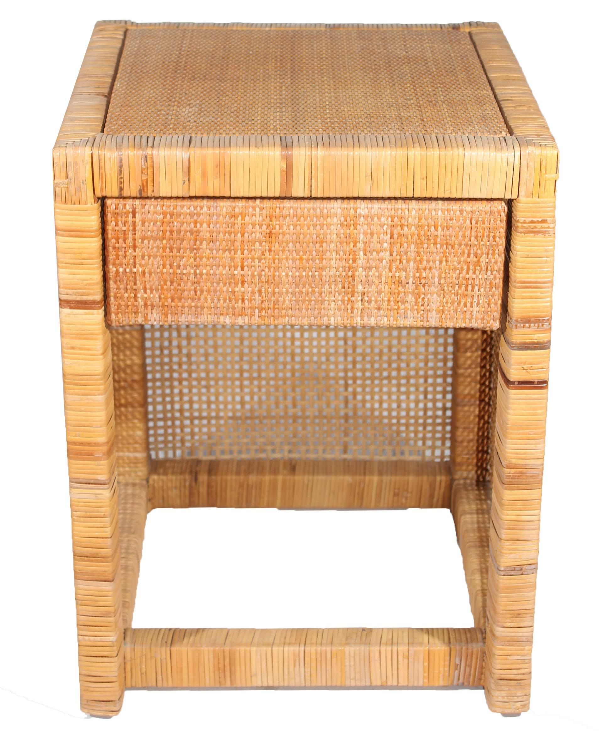 Spanish 1980s Pair of Rattan Side Tables with Drawer 