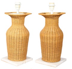 1970s Pair of Vingate Laced Rattan Table Lamps