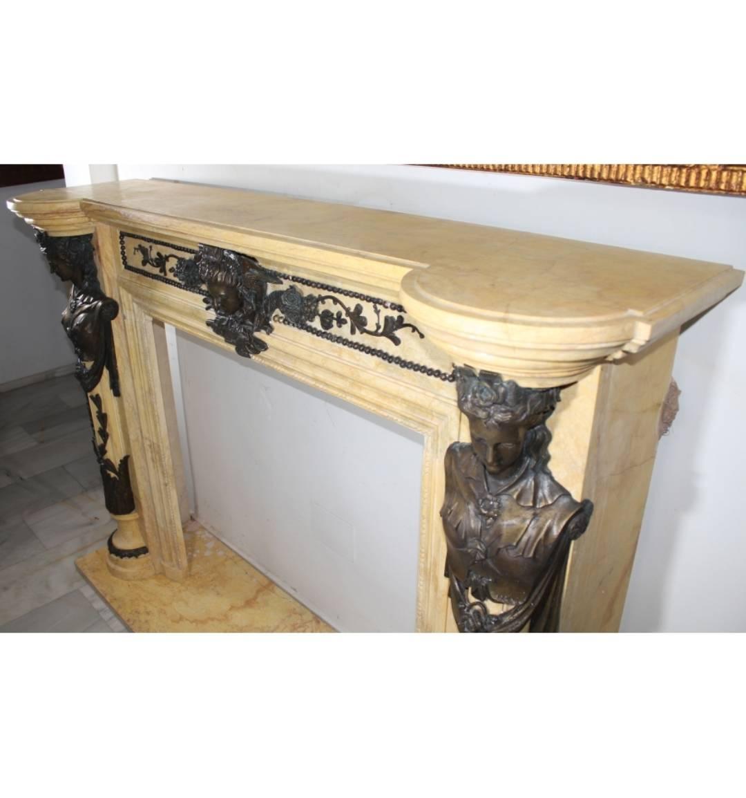 Hand-Carved Regency Style Egyptian Marble Fireplace Mantel with Bronze Ornaments For Sale