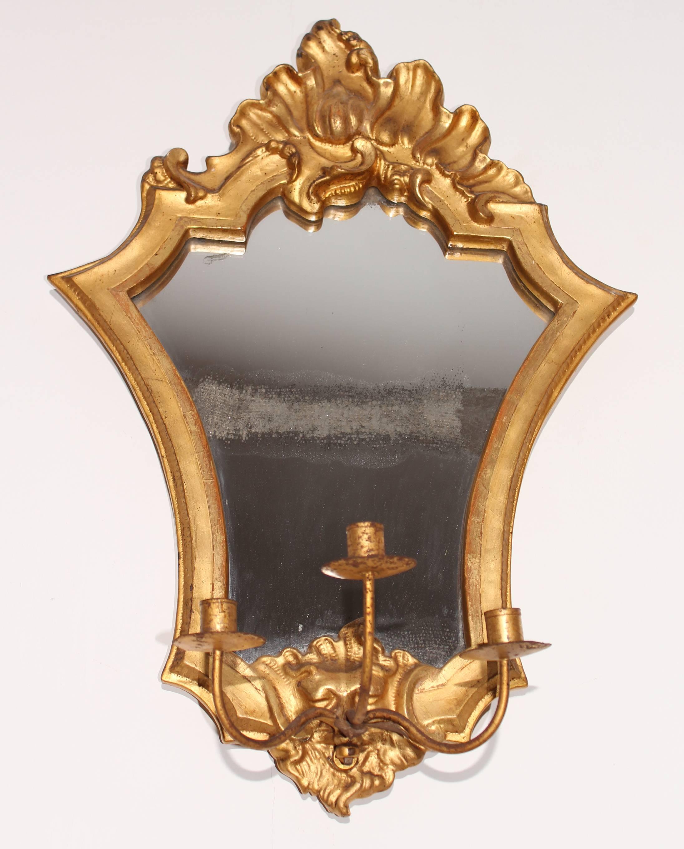 Baroque 1700s, Pair of Gold Giltwood Wall Mirrors and Sconces