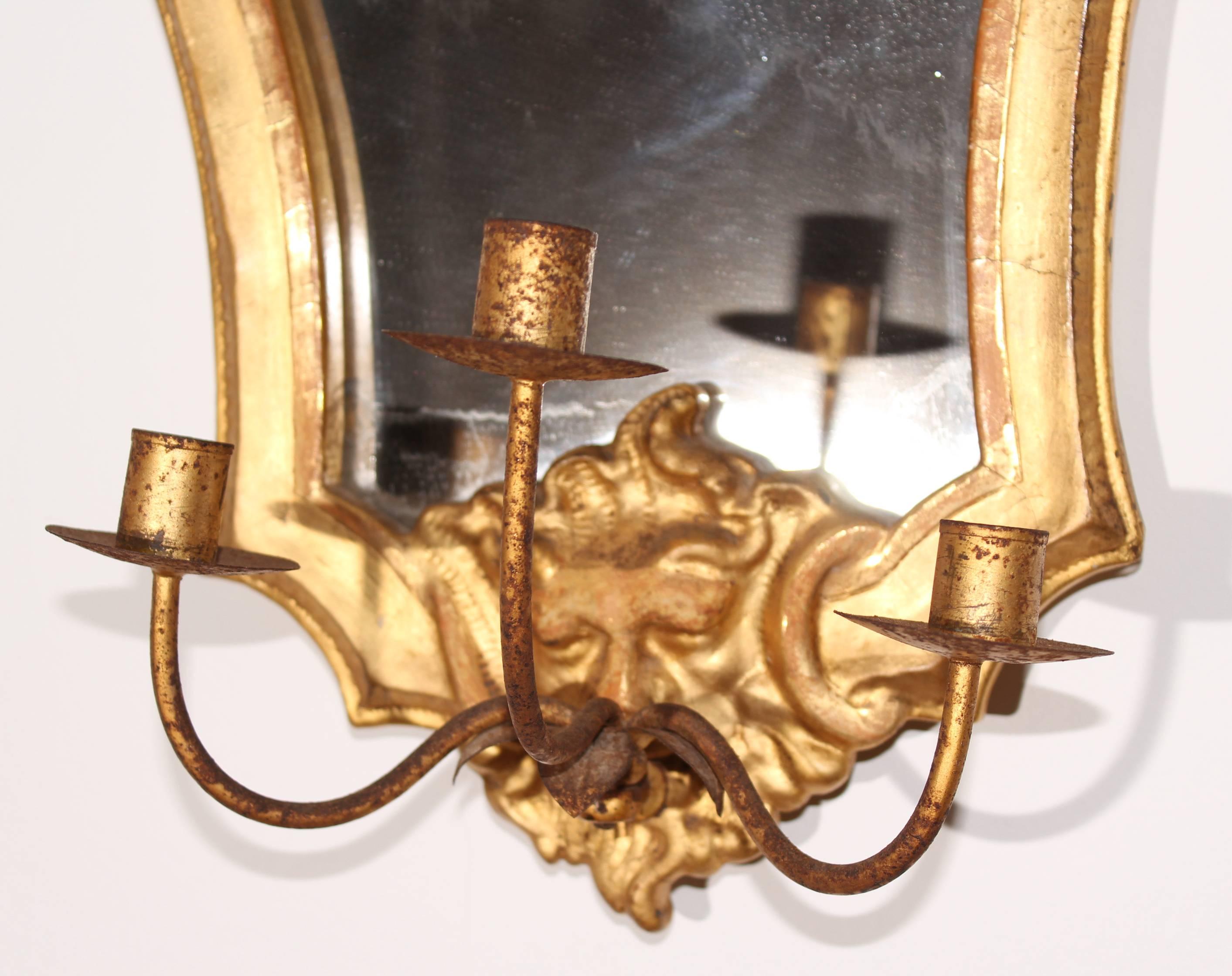 18th Century 1700s, Pair of Gold Giltwood Wall Mirrors and Sconces