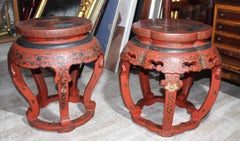 1800s Pair of Chinese Red Lacquered Wooden Stools