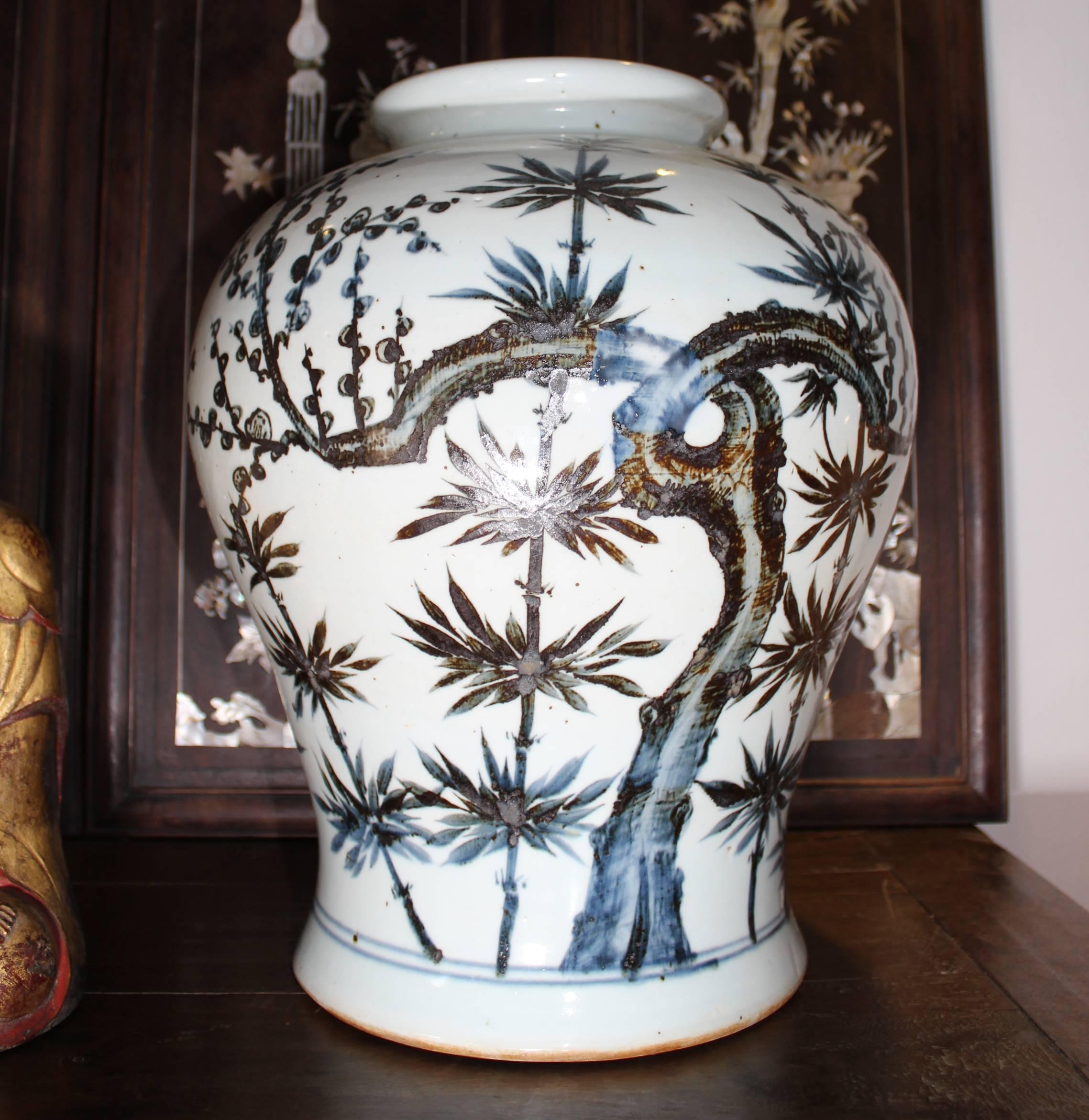Pair of blue cobalt enameled Chinese vases with bamboo decoration. 

