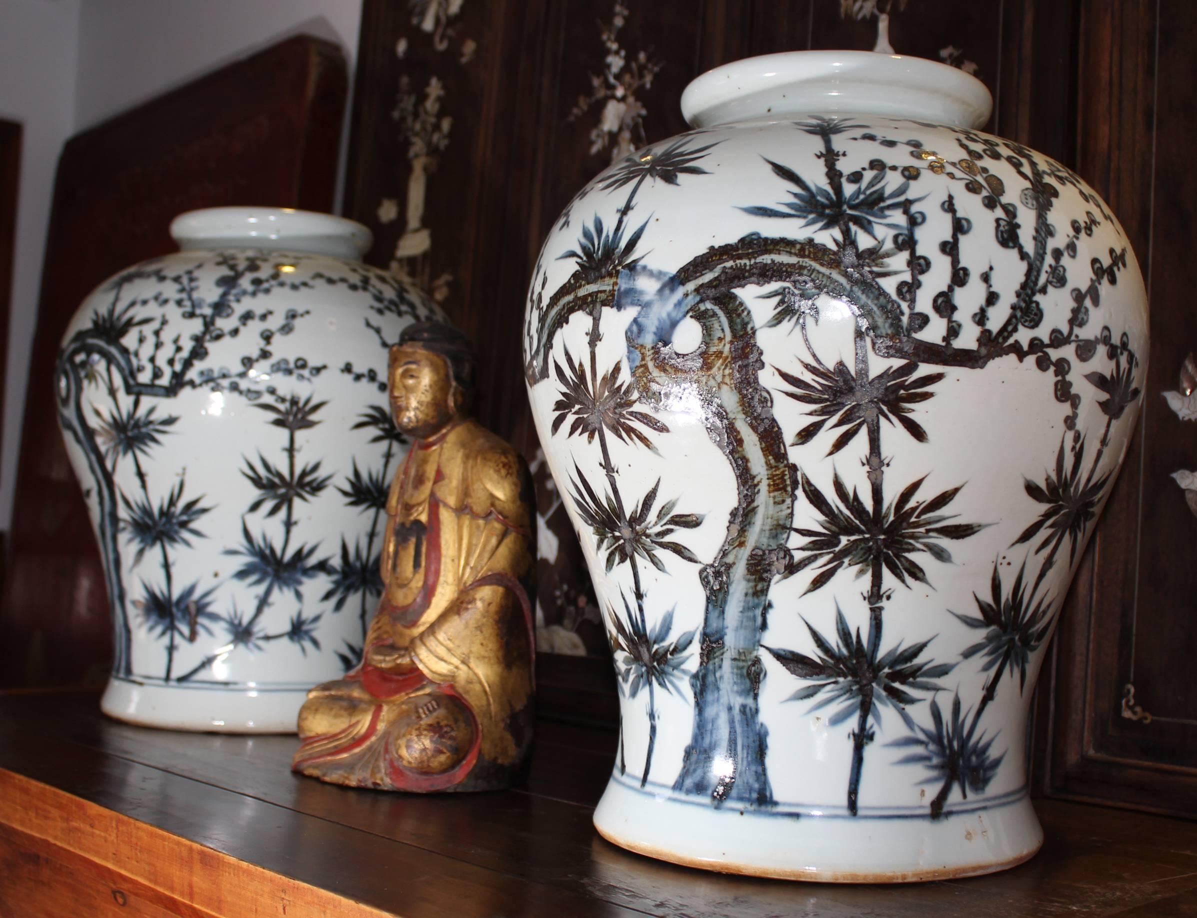 Porcelain Pair of Blue Cobalt Enameled Chinese Vases