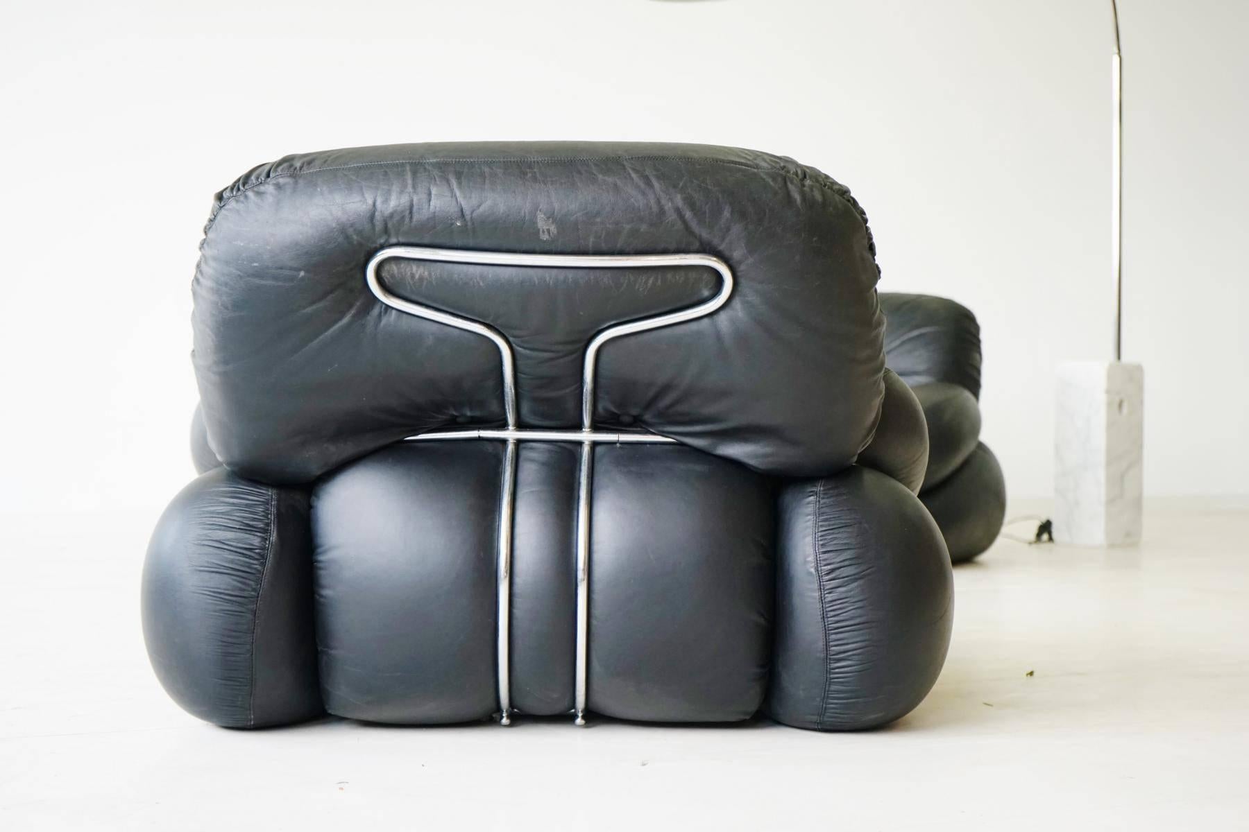 Steel Set of Italian Leather Lounge Armchairs 