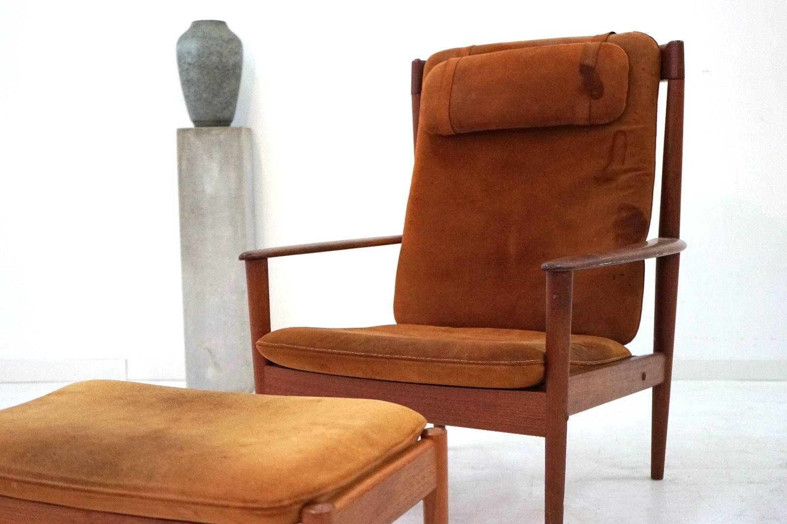 Mid-Century Modern Grete Jalk for Poul Jeppesen PJ56 Danish Leather Lounge Armchair and Ottoman