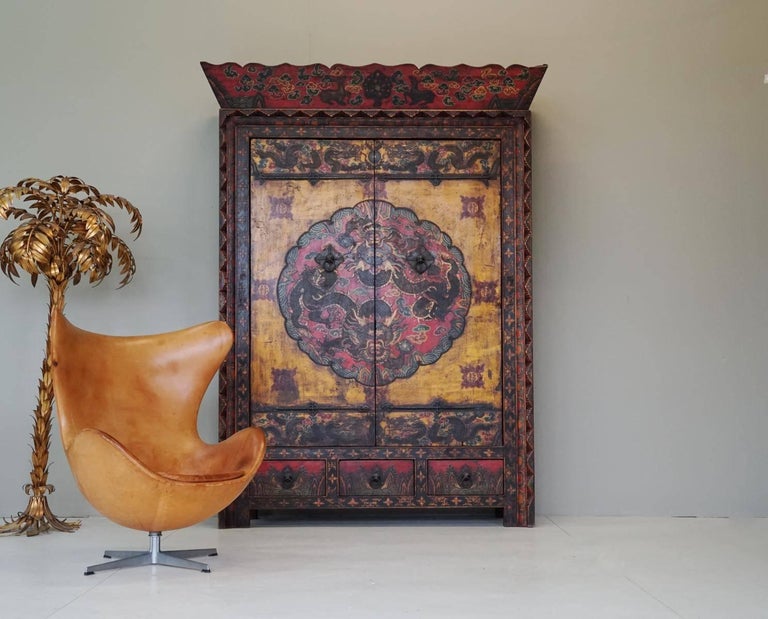 Antique Tibetan Cabinet Cupboard Painted Qing Dynasty Shanxi 19th