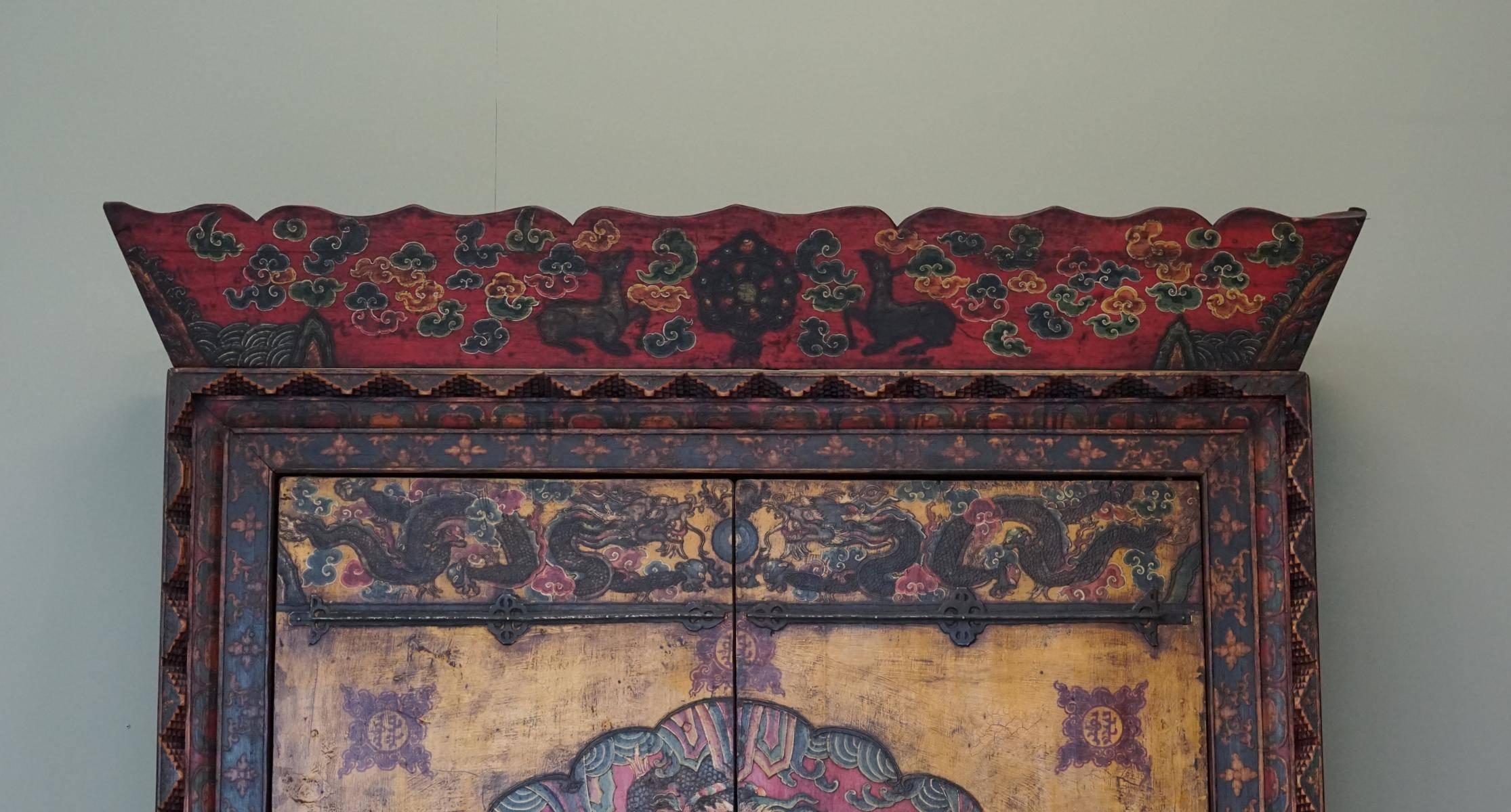 Wood Antique Tibetan Cabinet Cupboard Painted Qing Dynasty Shanxi, 19th Century