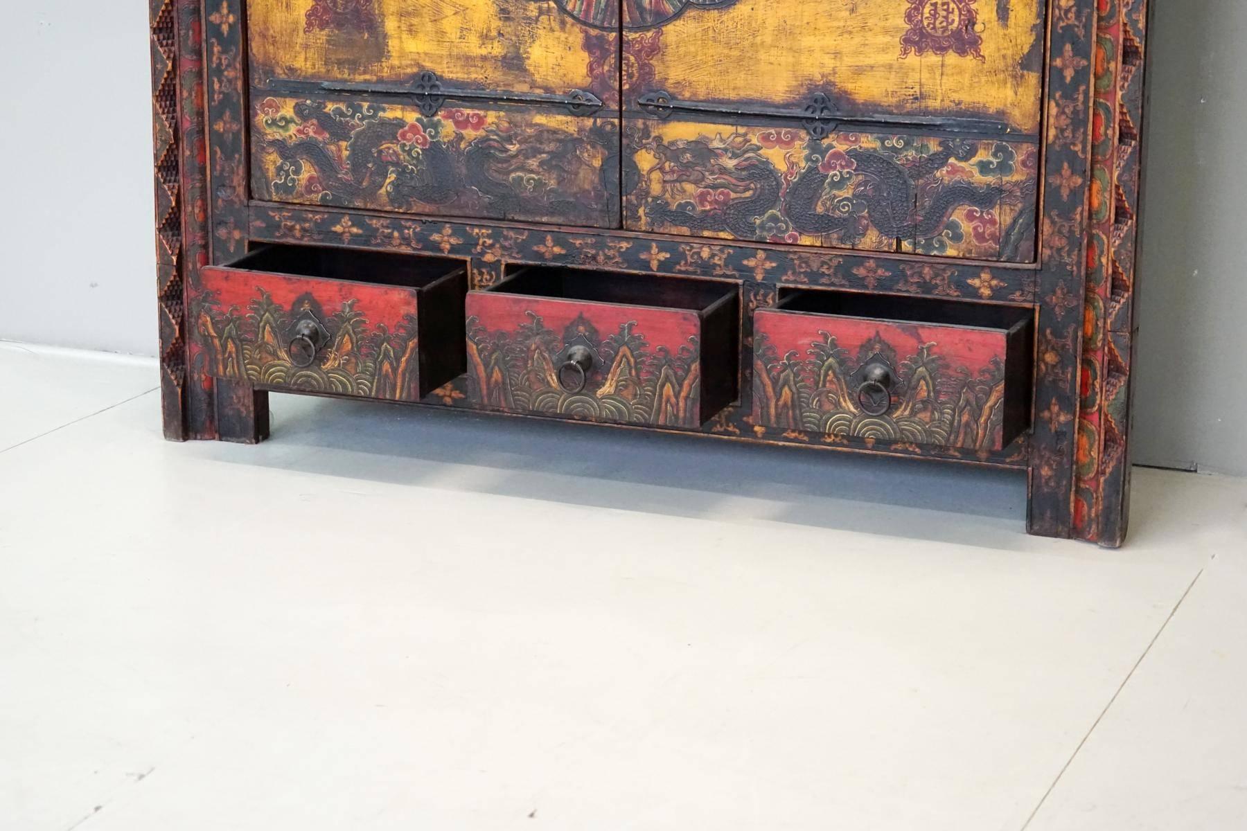 Antique Tibetan Cabinet Cupboard Painted Qing Dynasty Shanxi, 19th Century 3