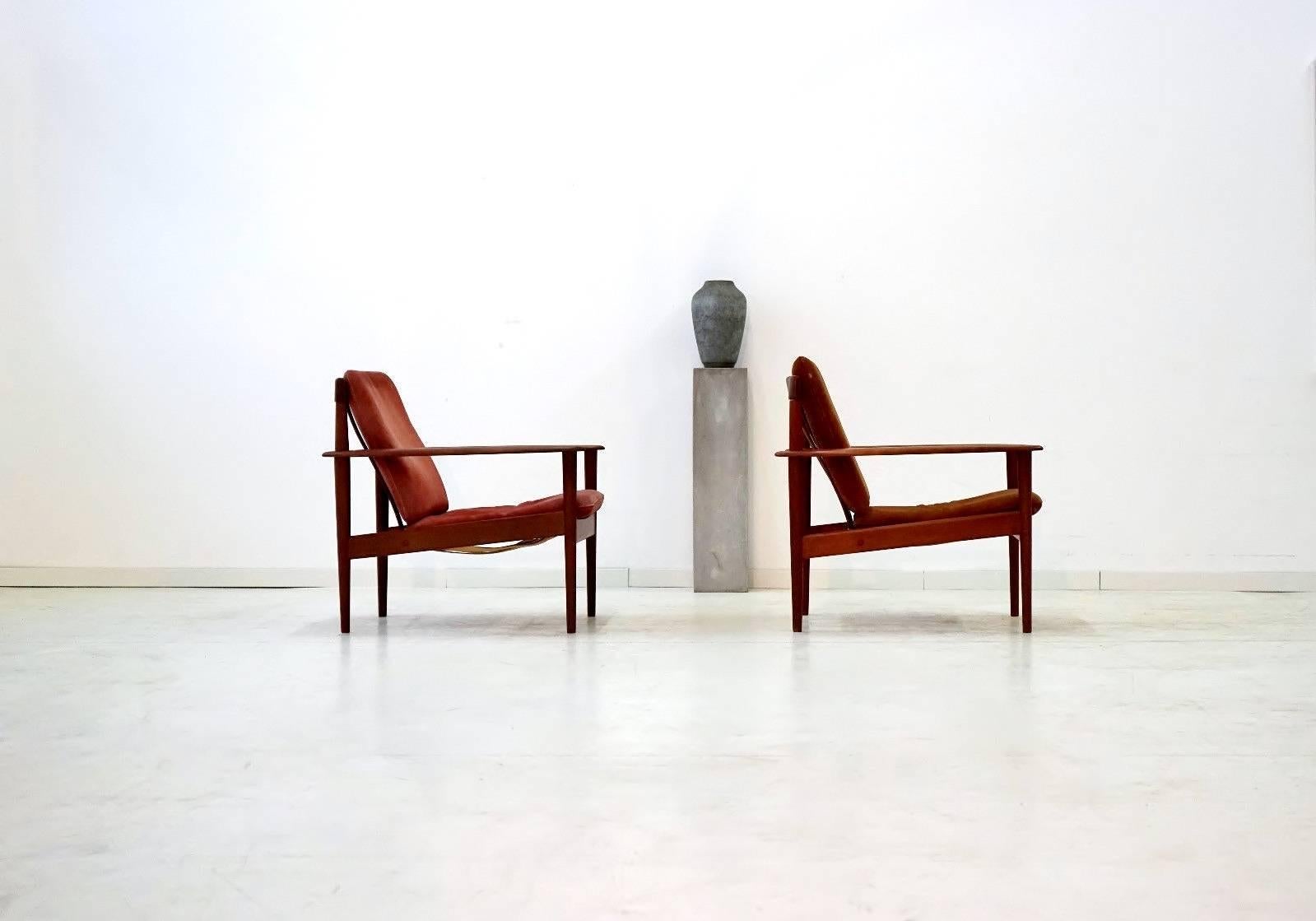 Mid-20th Century Set of Two Chairs by Grete Jalk for Poul Jeppesen Danish Leather Lounge Armchair