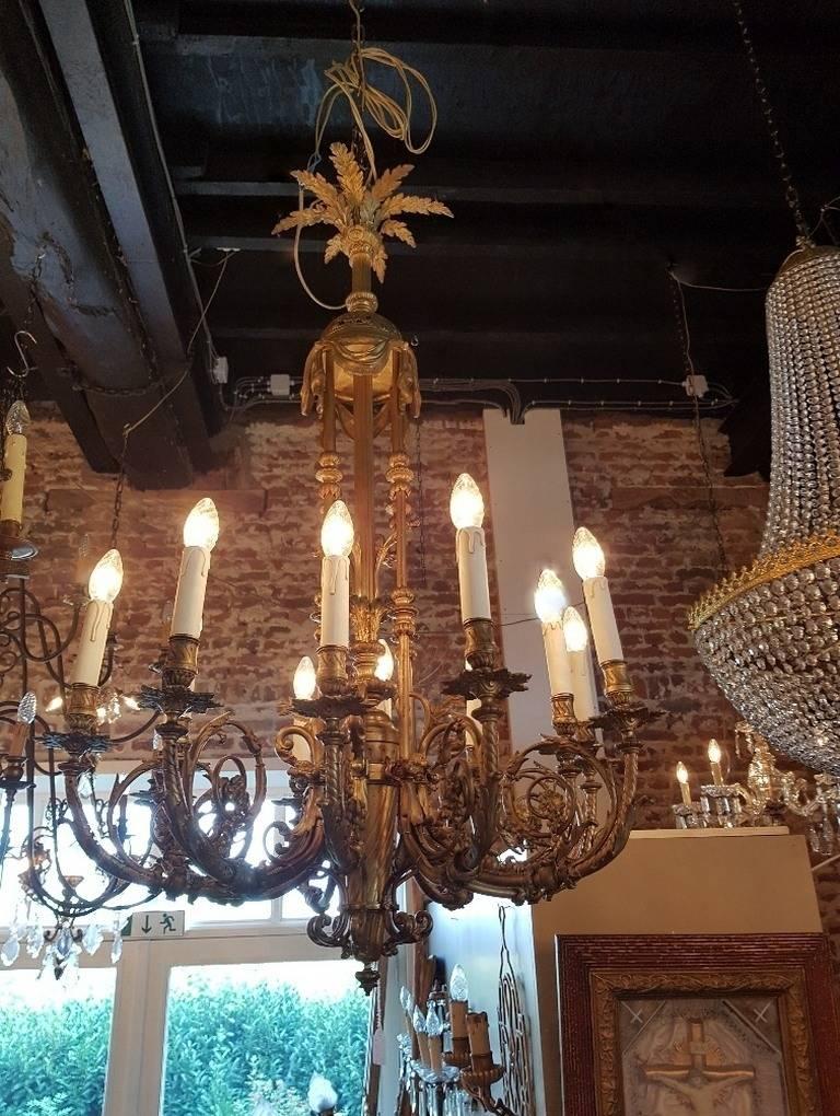 Large French Gas Chandelier with a Beautiful Bronze Patina, 19th Century In Good Condition For Sale In Oldebroek, NL