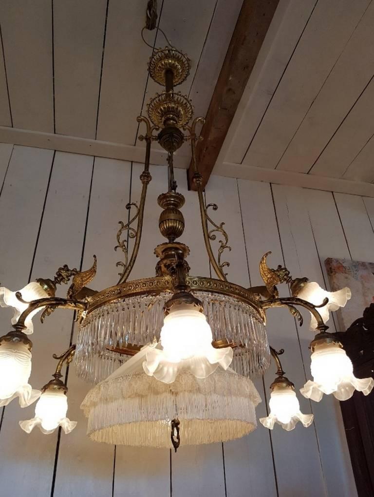 French Chandelier with Pulley-System, Nine Lights, Dragon Ornaments, Early 1900 In Good Condition For Sale In Oldebroek, NL