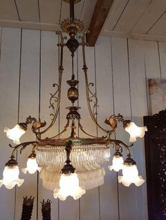 French Chandelier with Pulley-System, Nine Lights, Dragon Ornaments, Early 1900