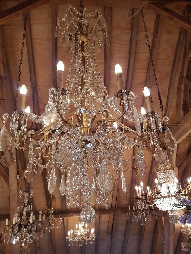 Large Bronze French Chandelier with Crystals and Crystal Strings For Sale 1