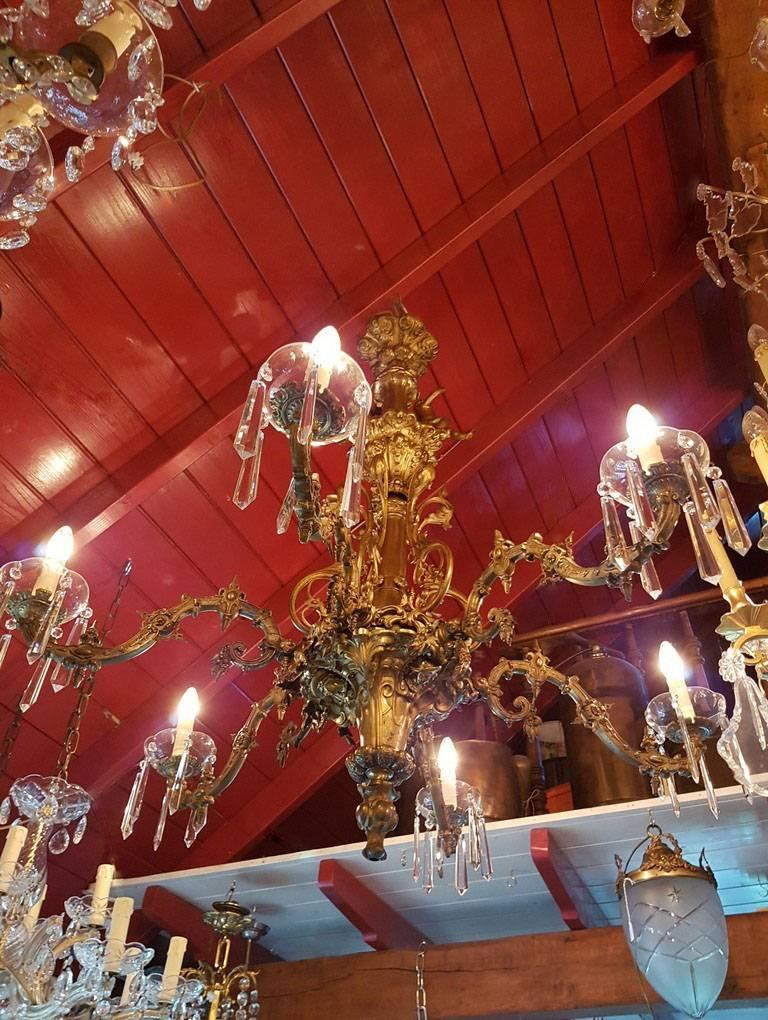 Spanish Bronze Chandelier with Angels and Crystals Six-Light For Sale