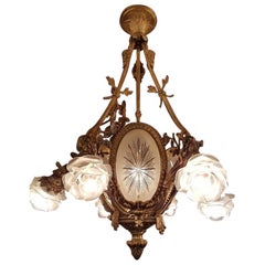Beautiful Empire Style Gilt Bronze Chandelier with Medallions of Victorian Glass