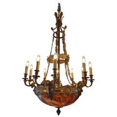 Large Brass Chandelier with Alabaster Belle, Late 19th Century