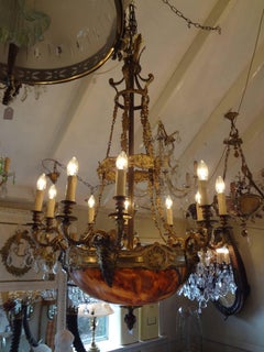 Large Brass Chandelier with Alabaster Belle, Late 19th Century