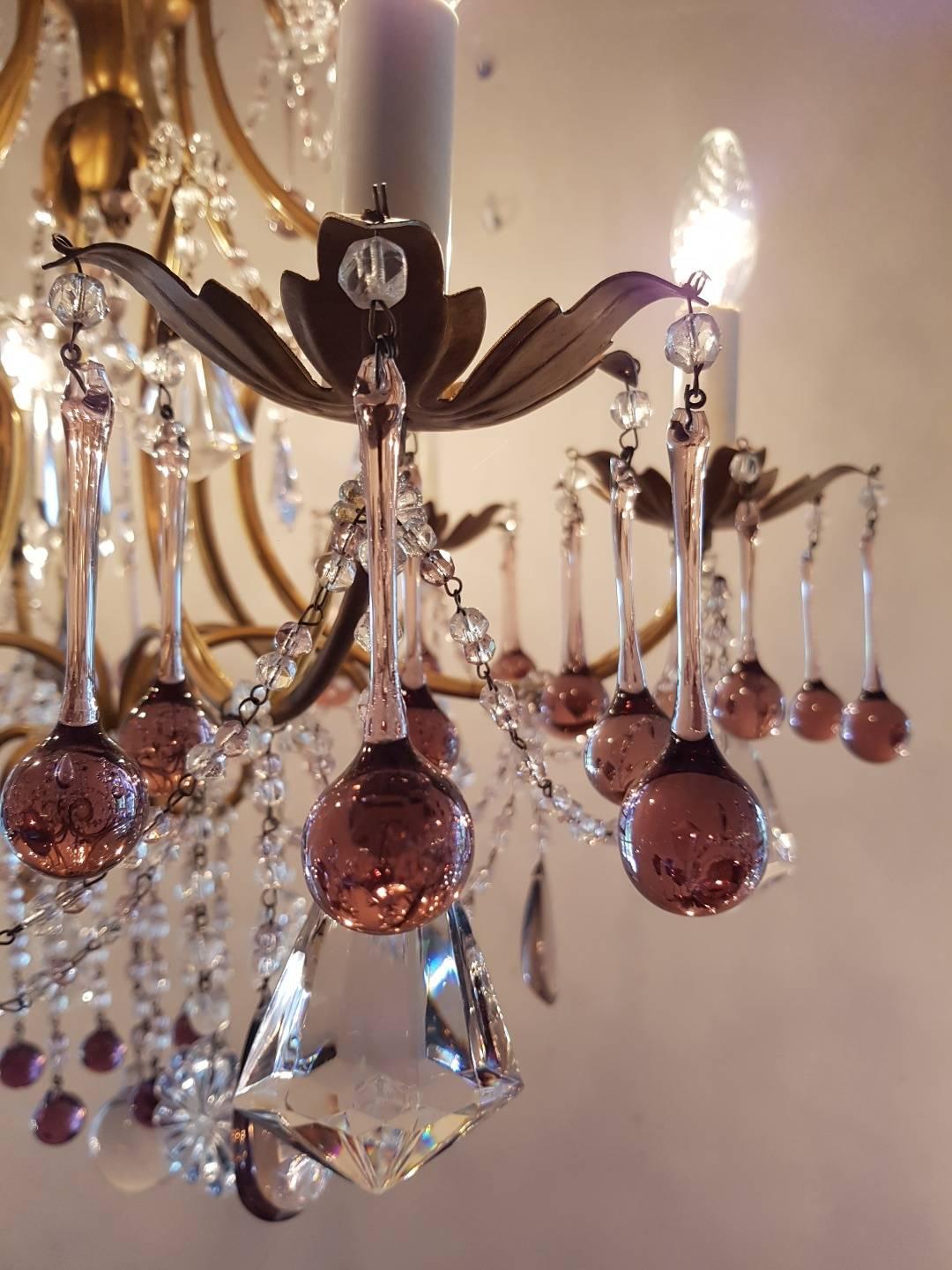 Gilt Italian Chandelier with Colored Drops in Purple and Pink Six-Light, 20th Century For Sale