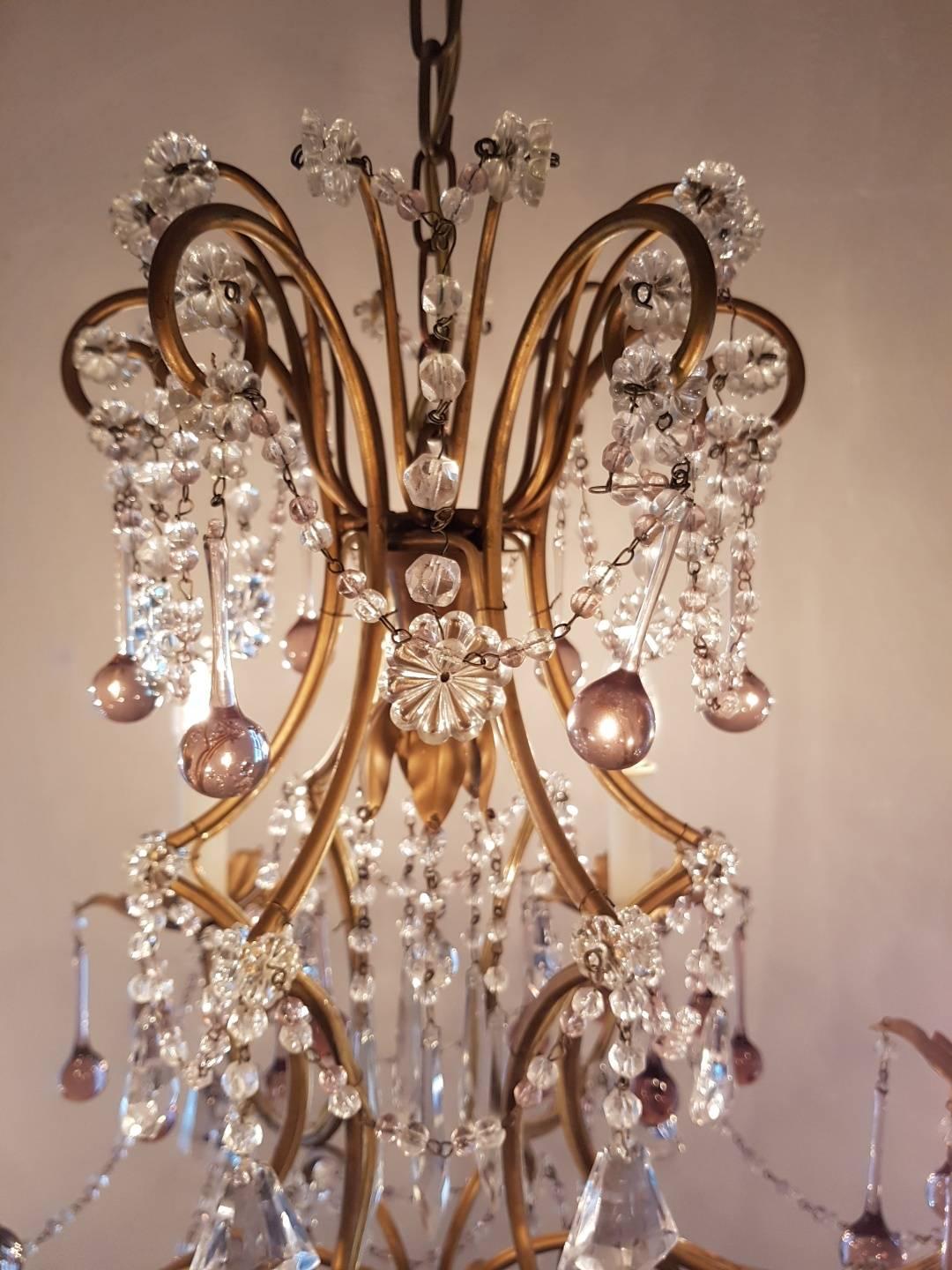 Italian Chandelier with Colored Drops in Purple and Pink Six-Light, 20th Century In Good Condition For Sale In Oldebroek, NL