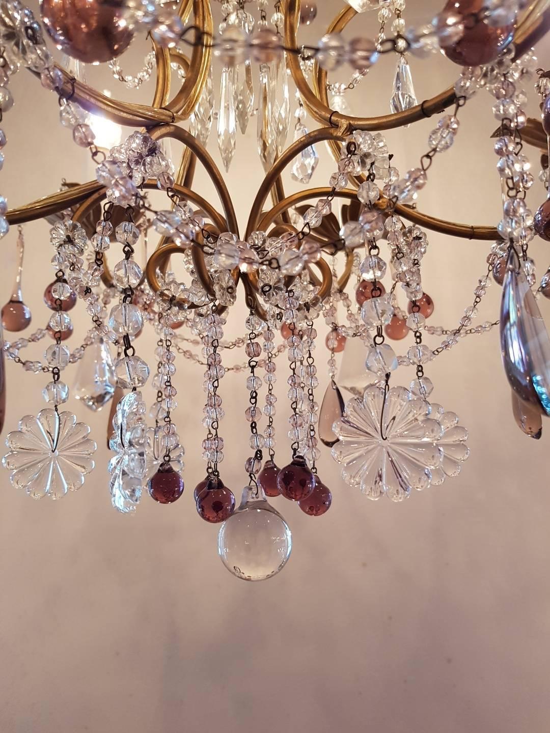 Italian Chandelier with Colored Drops in Purple and Pink Six-Light, 20th Century For Sale 1