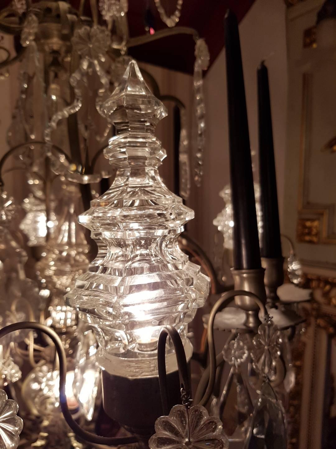 Silvered 19th Century Chandelier with Five Large Pinnacles, 12 Lights and Eight Candles For Sale