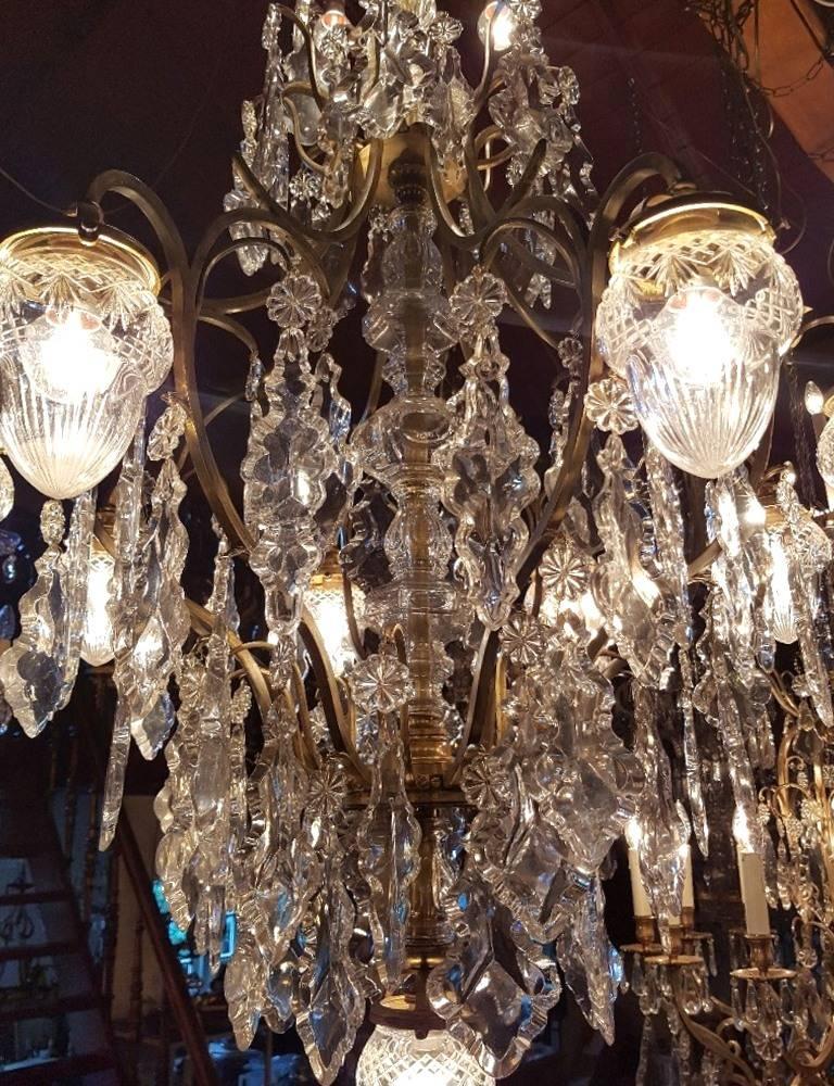 Brass Large French Chandelier with 13 Lights and Beautiful Glass Shades, Early 1900 For Sale
