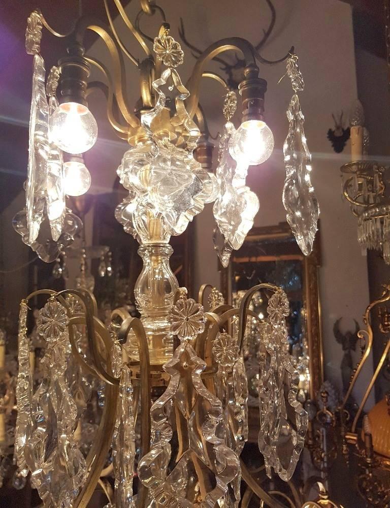 Large French Chandelier with 13 Lights and Beautiful Glass Shades, Early 1900 For Sale 1
