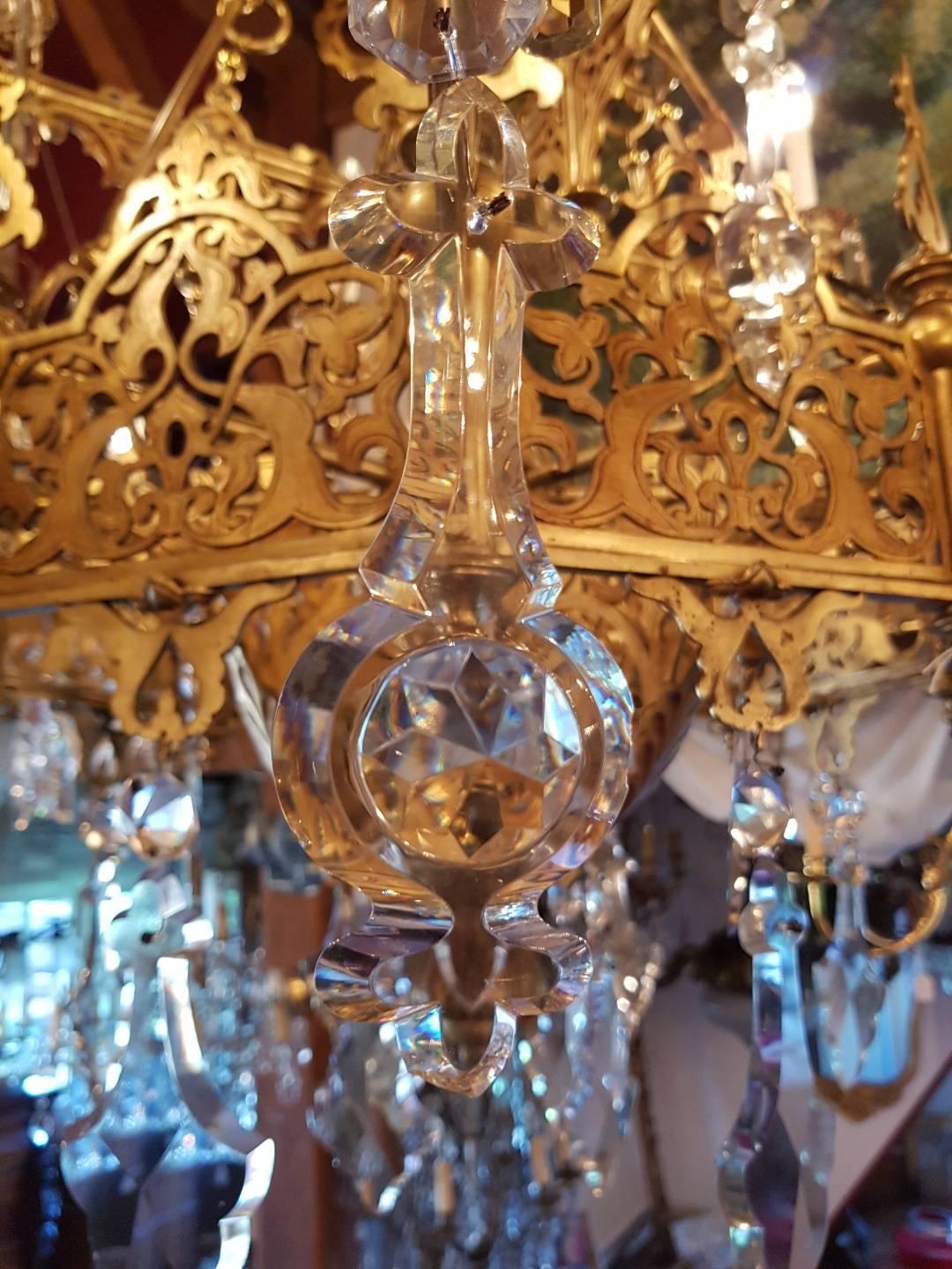 19th Century Large Impressive Bronze Castle Chandelier with Crystal For Sale