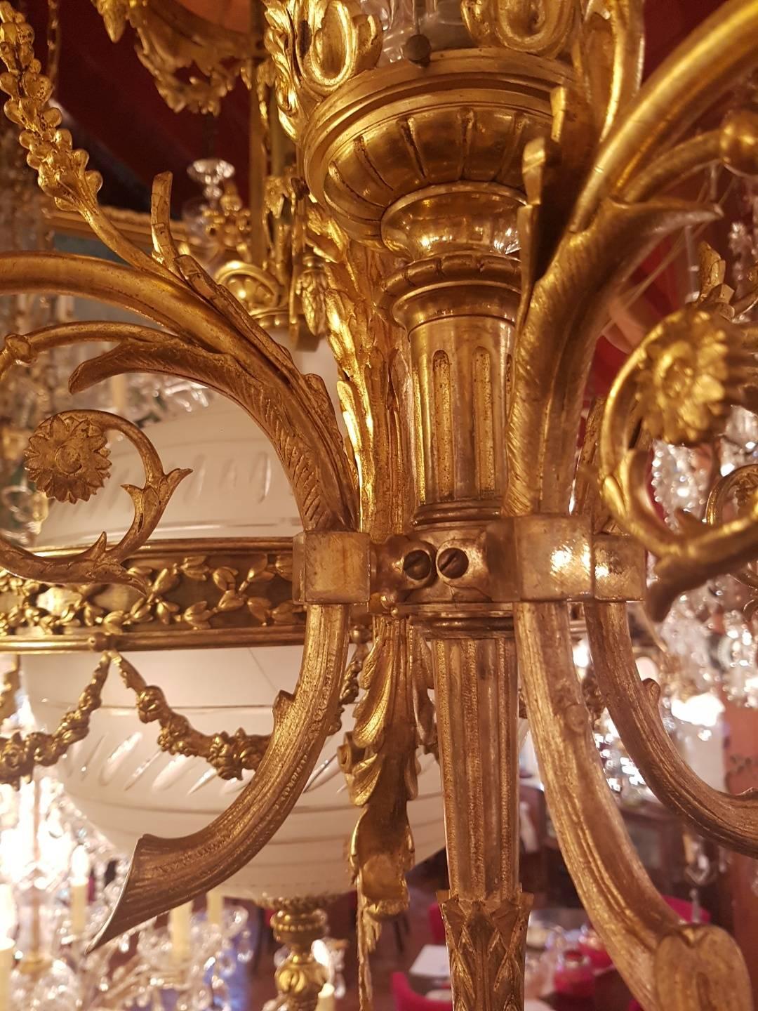 Large Empire Style Bronze-Gilt Chandelier, Globe of Victorian Glass, Nine-Light For Sale 2