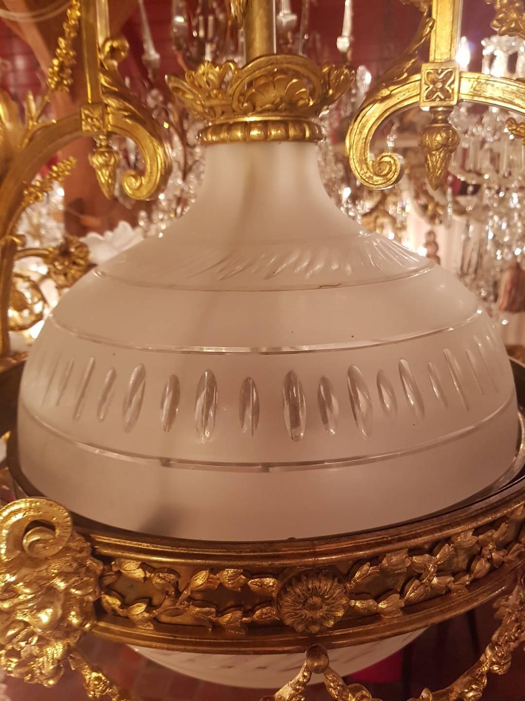 Large Empire Style Bronze-Gilt Chandelier, Globe of Victorian Glass, Nine-Light For Sale 4