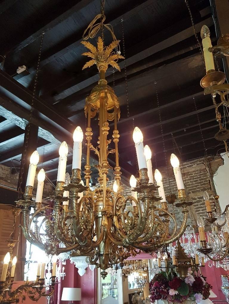 French gas chandelier converted to electricity. Is completely restored and in perfect condition. Beautiful bronze patina. 12-light
This is just one of the collection of 1000 chandeliers, ceiling lamps and wall lightning. Our collection is very