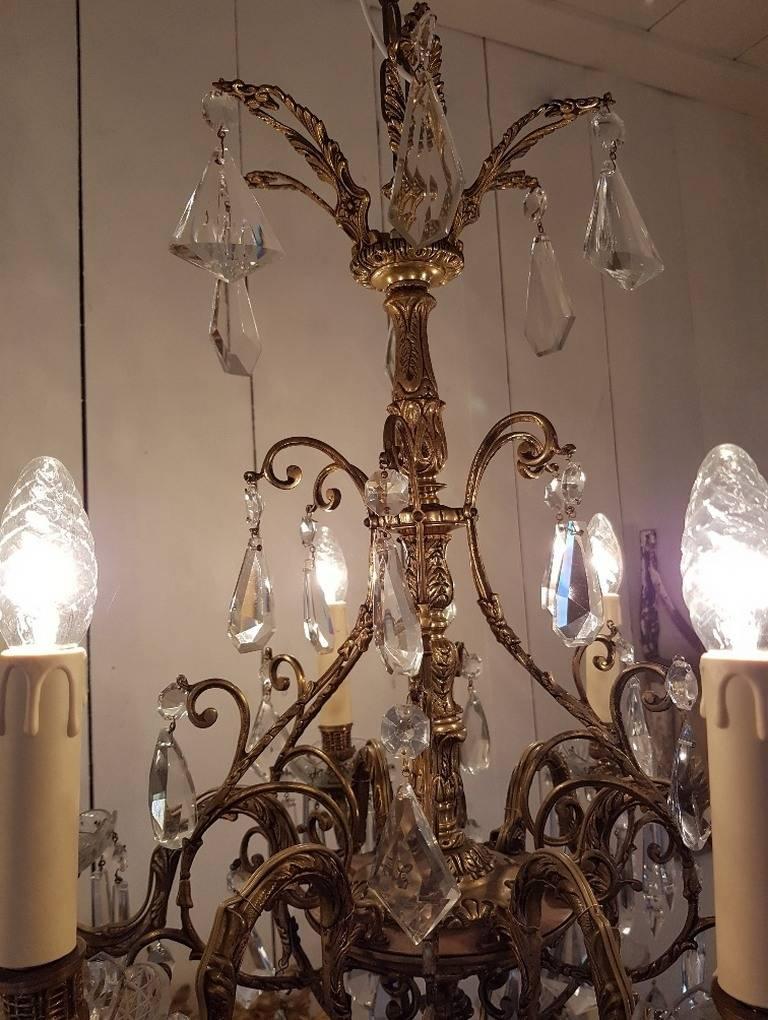 Spanish Small Bronze Chandelier with Six Lights, Crystal and Bobeche Cups For Sale